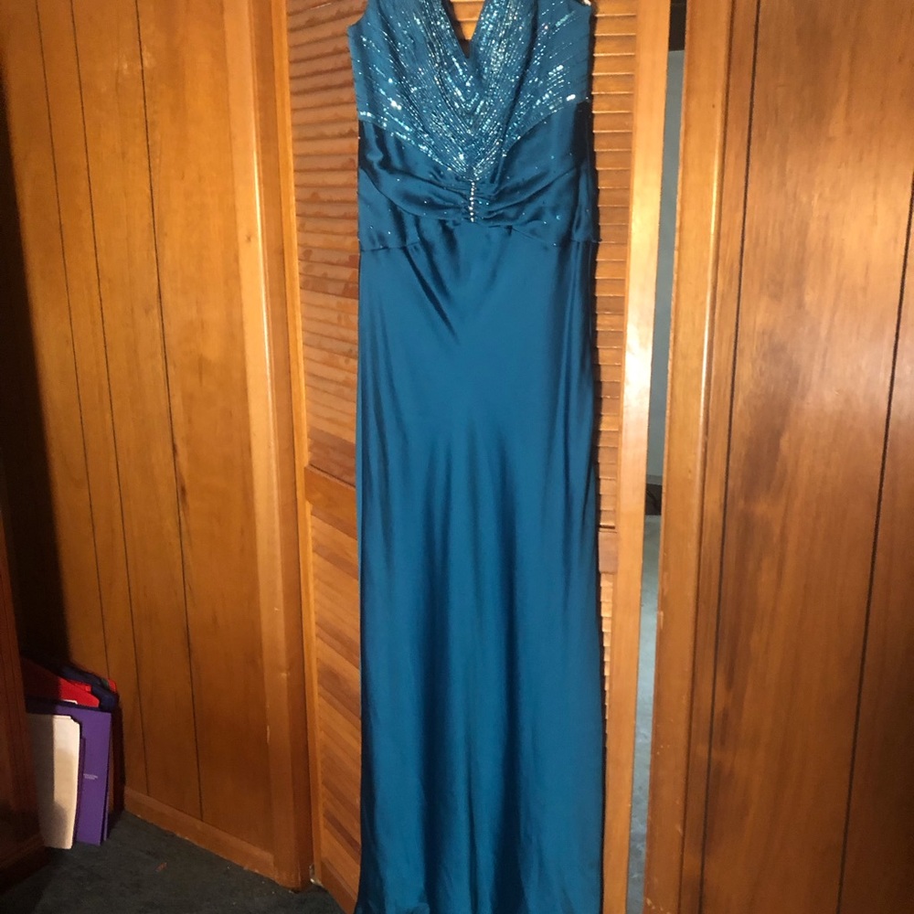 Cameron Blake teal MOB gown
